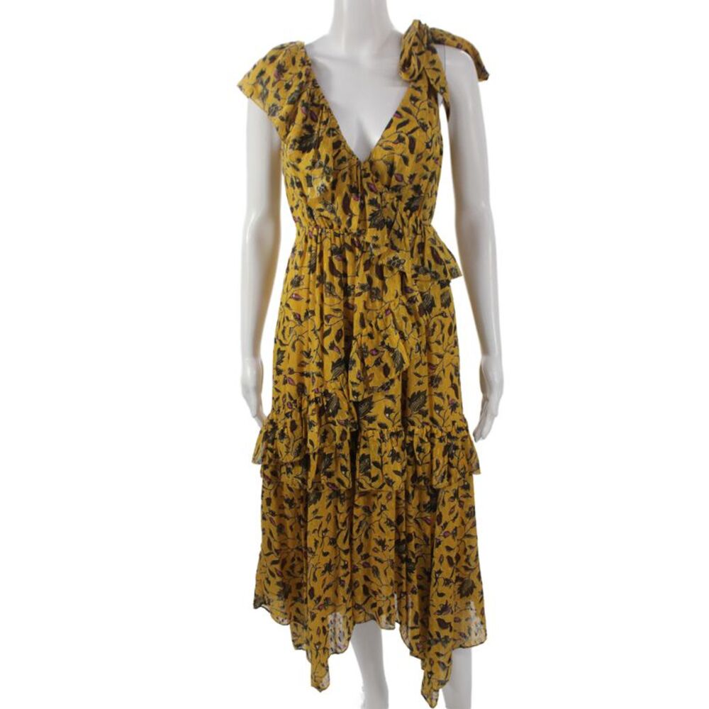 Ulla Johnson Women Maxi Sundress Yellow V-Neck Short Sleeve Silk Size 0
